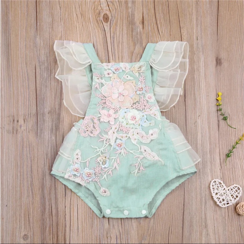 New Baby Girl Boutique Embroidery Summer Ruffle Romper 6 Months Green Pink